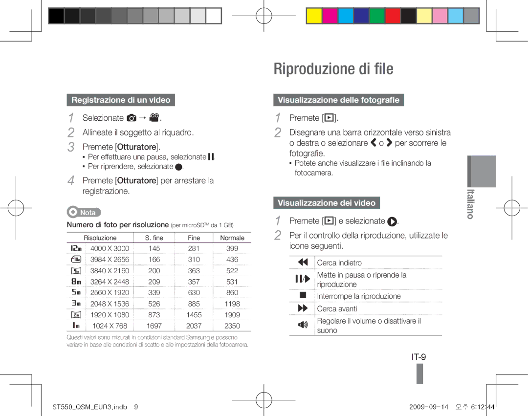 Samsung EC-ST550ZBPOE2 manual Riproduzione di file, IT-9, Registrazione di un video, Visualizzazione delle fotografie 