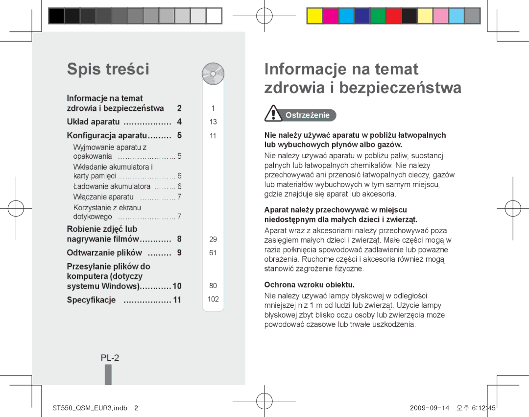 Samsung EC-ST550ZBPBAU manual Spis treści, Informacje na temat zdrowia i bezpieczeństwa, PL-2, Konfiguracja aparatu……… 