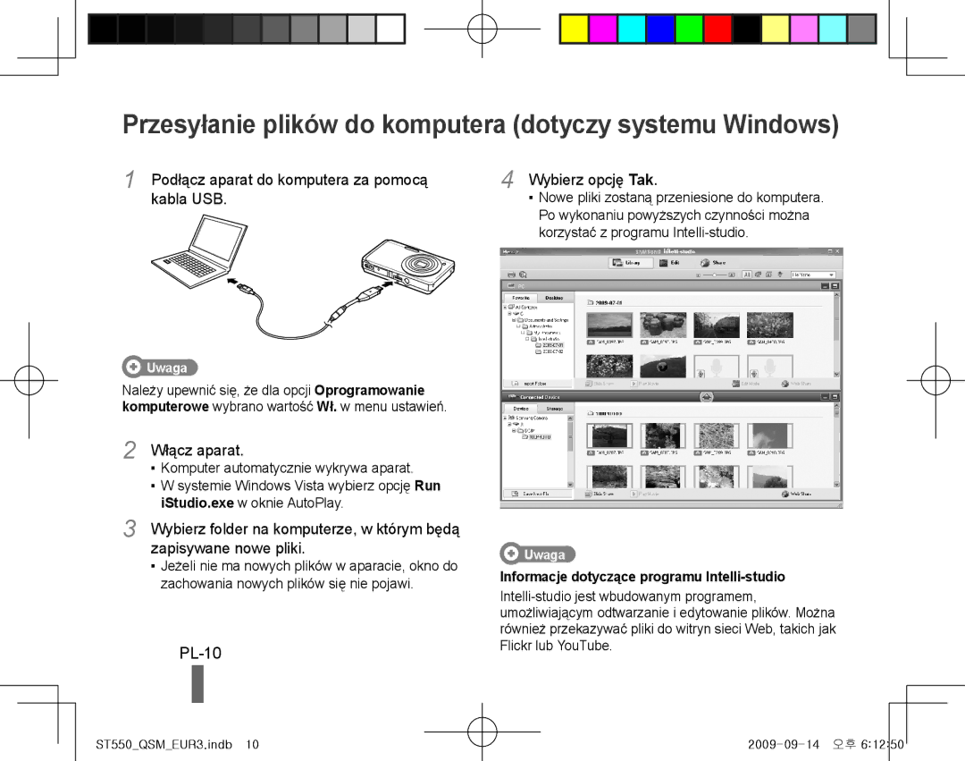 Samsung EC-ST560ZBPGE1 PL-10, Włącz aparat, Zapisywane nowe pliki, Uwaga, Informacje dotyczące programu Intelli-studio 