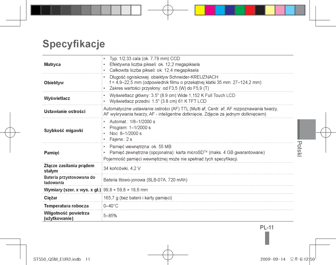 Samsung EC-ST550ZBPGAU, EC-ST550ZBPOIN, EC-ST550ZBPGIT, EC-ST550ZBAOE1, EC-ST560ZBPOE1, EC-ST550ZBPOFR Specyfikacje, PL-11 