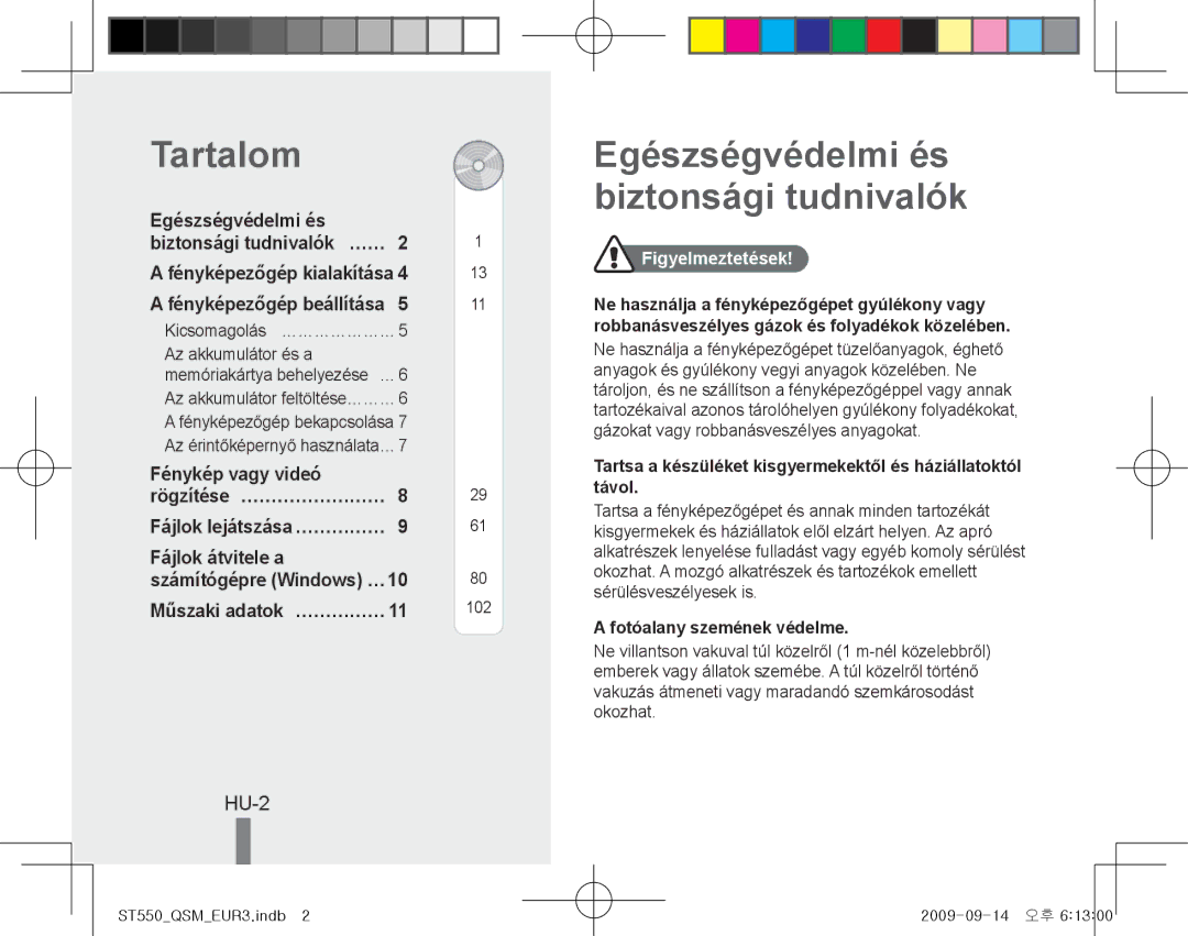 Samsung EC-ST550ZBPLSA, EC-ST550ZBPOIN, EC-ST550ZBPGIT manual Tartalom, Egészségvédelmi és biztonsági tudnivalók, HU-2 