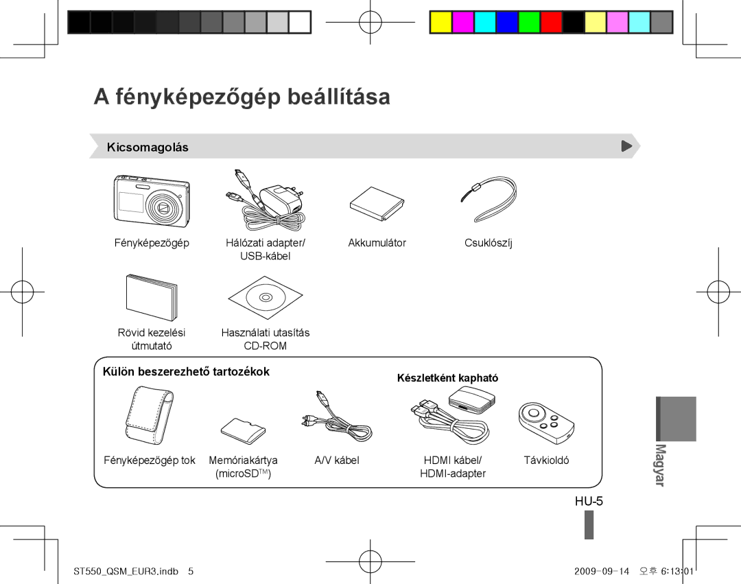 Samsung EC-ST550ZBPBVN, EC-ST550ZBPOIN manual Fényképezőgép beállítása, HU-5, Kicsomagolás, Külön beszerezhető tartozékok 