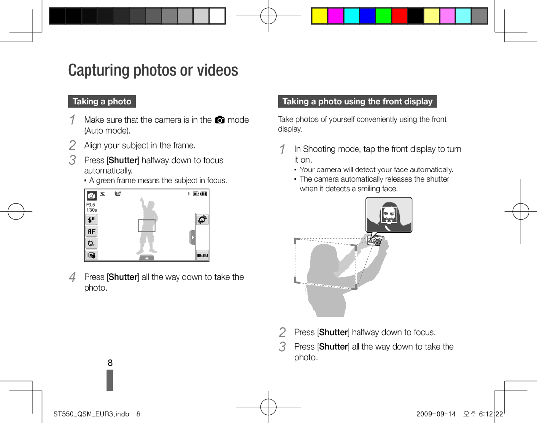 Samsung EC-ST550ZBPGE1, EC-ST550ZBPOIN manual Capturing photos or videos, Taking a photo using the front display 