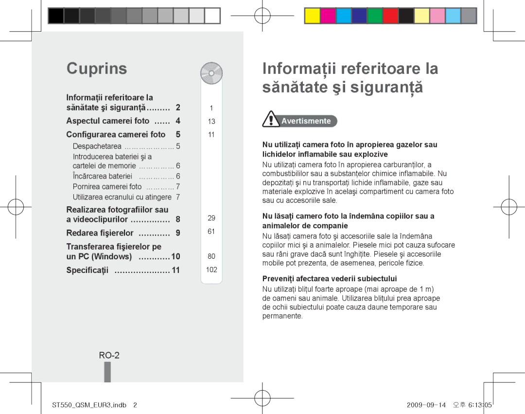 Samsung EC-ST550ZBPLAU manual Cuprins, Informaţii referitoare la sănătate şi siguranţă, RO-2, Transferarea fişierelor pe 