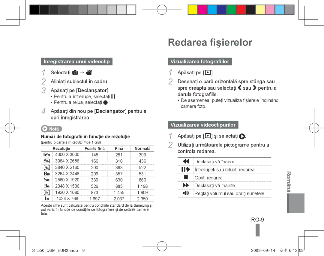 Samsung EC-ST550ZBPBRU, EC-ST550ZBPOIN Redarea fişierelor, RO-9, Înregistrarea unui videoclip, Vizualizarea fotografiilor 