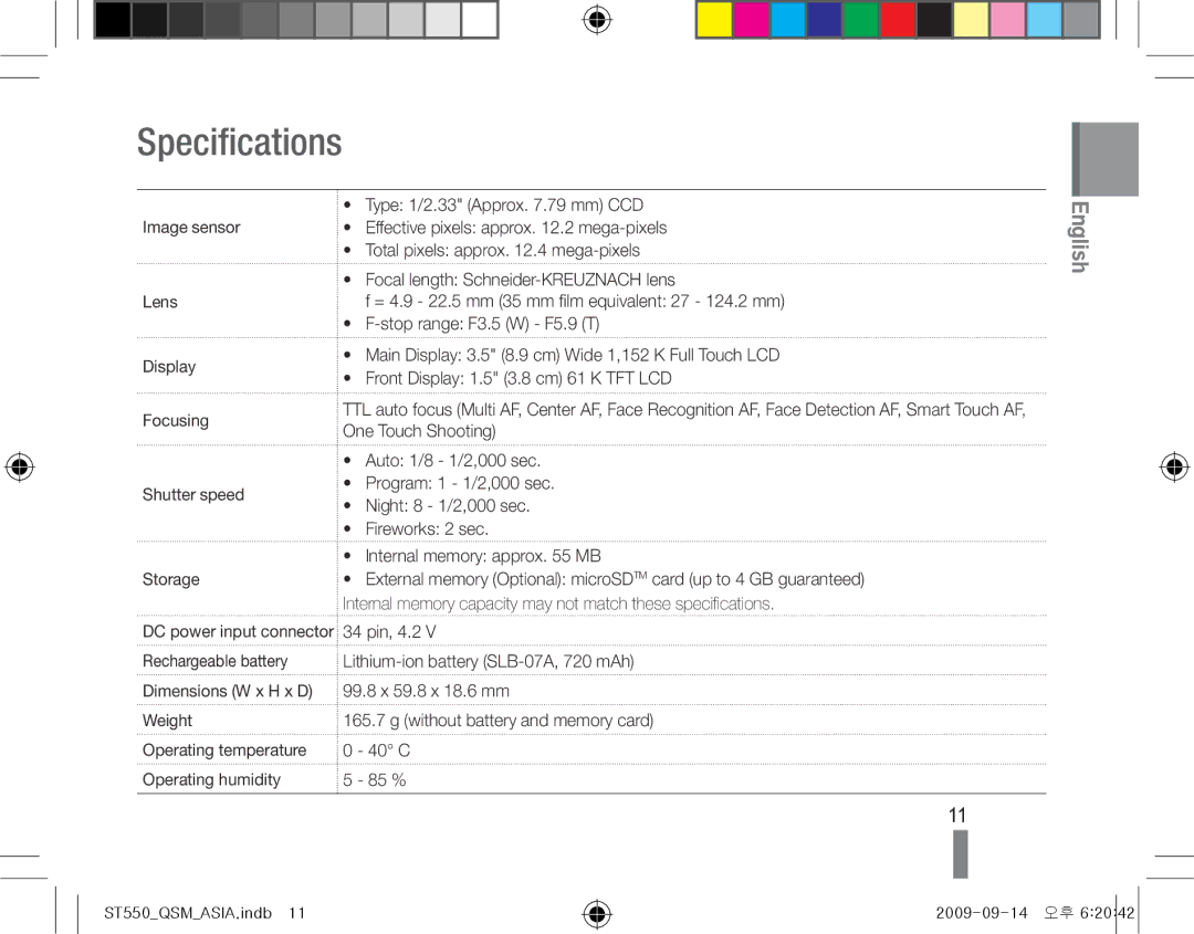 Samsung EC-ST550ZBPLIT, EC-ST550ZBPOIN, EC-ST550ZBPGIT, EC-ST550ZBAOE1, EC-ST560ZBPOE1, EC-ST550ZBPOFR manual Specifications 