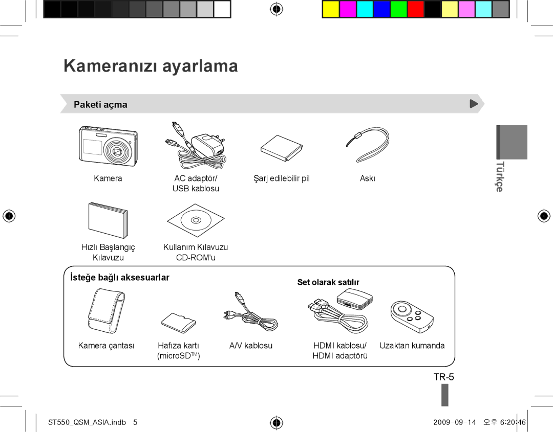 Samsung ES-ST550ZSAOCN, EC-ST550ZBPOIN, EC-ST550ZBPGIT Kameranızı ayarlama, TR-5, Paketi açma, İsteğe bağlı aksesuarlar 