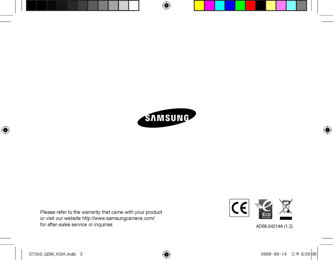 Samsung EC-ST550ZBPOE2, EC-ST550ZBPOIN, EC-ST550ZBPGIT, EC-ST550ZBAOE1 manual ST550QSMASIA.indb AD68-04214A 2009-09-14 오후 