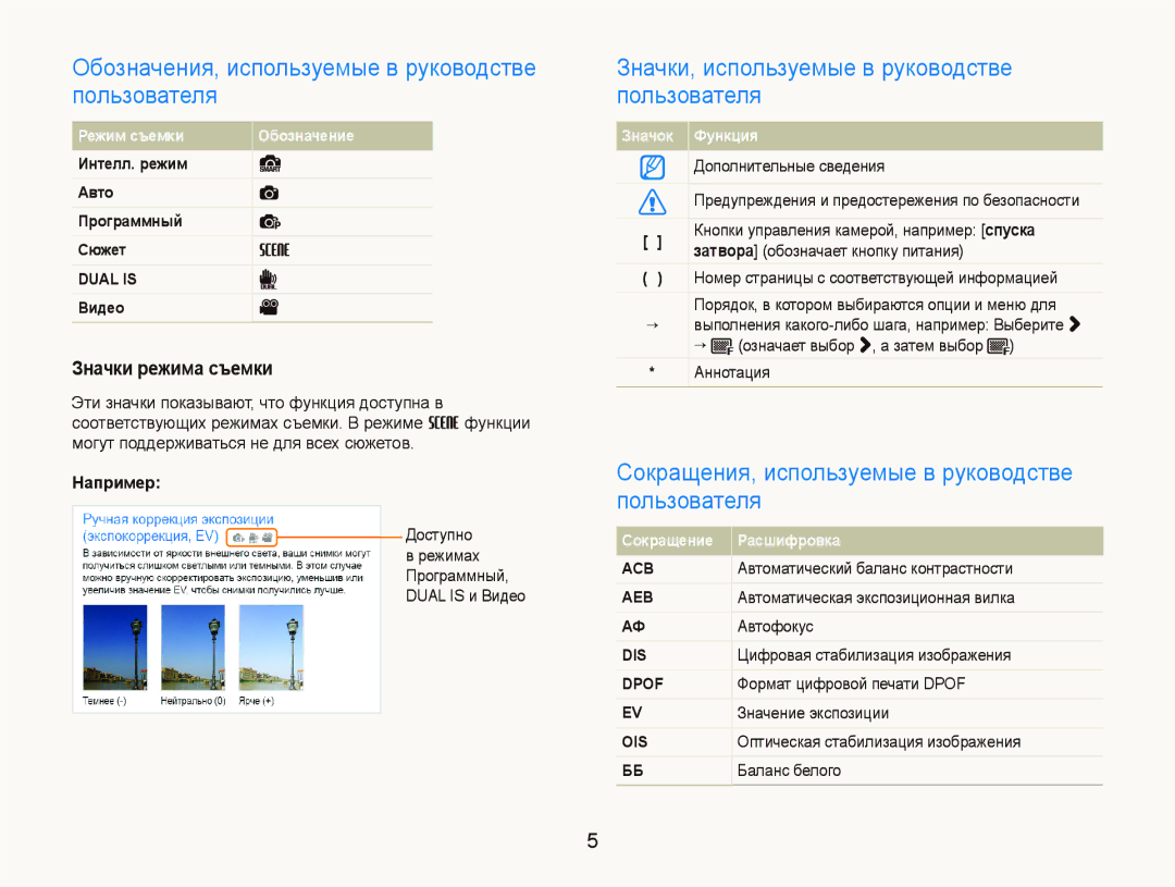 Samsung EC-ST550ZBPLRU, EC-ST550ZBPORU manual Обозначения, используемые в руководстве пользователя, Значки режима съемки 