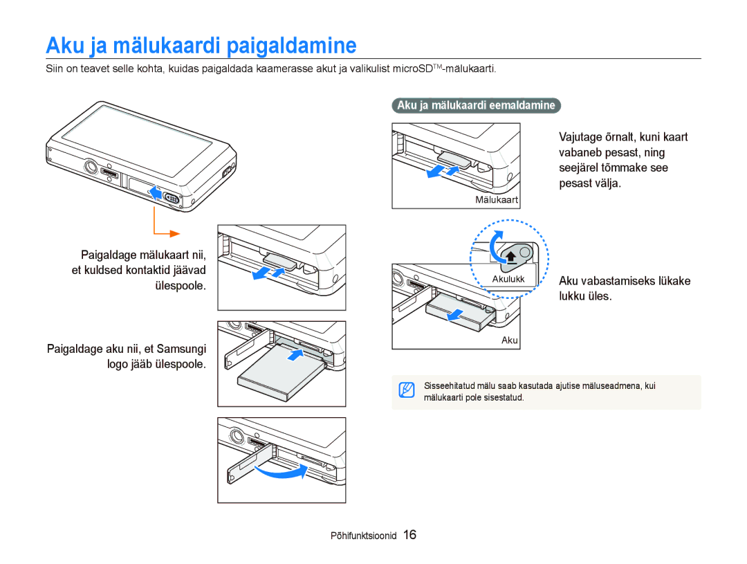 Samsung EC-ST550ZBPGRU, EC-ST550ZBPORU manual Aku ja mälukaardi paigaldamine, Lukku üles, Aku ja mälukaardi eemaldamine 