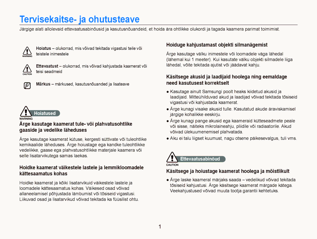 Samsung EC-ST550ZBPORU manual Tervisekaitse- ja ohutusteave, Hoiduge kahjustamast objekti silmanägemist, Hoiatused 