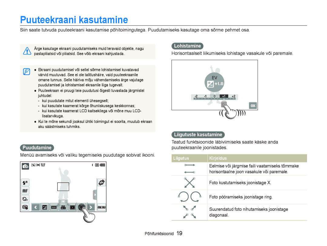 Samsung EC-ST550ZBPORU, EC-ST550ZBPGRU manual Puuteekraani kasutamine, Puudutamine, Lohistamine, Liigutuste kasutamine 