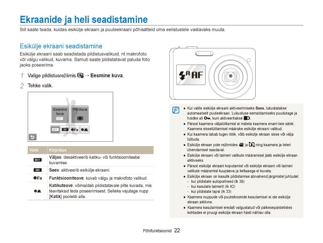 Samsung EC-ST550ZBPGRU, EC-ST550ZBPORU manual Ekraanide ja heli seadistamine, Esikülje ekraani seadistamine 