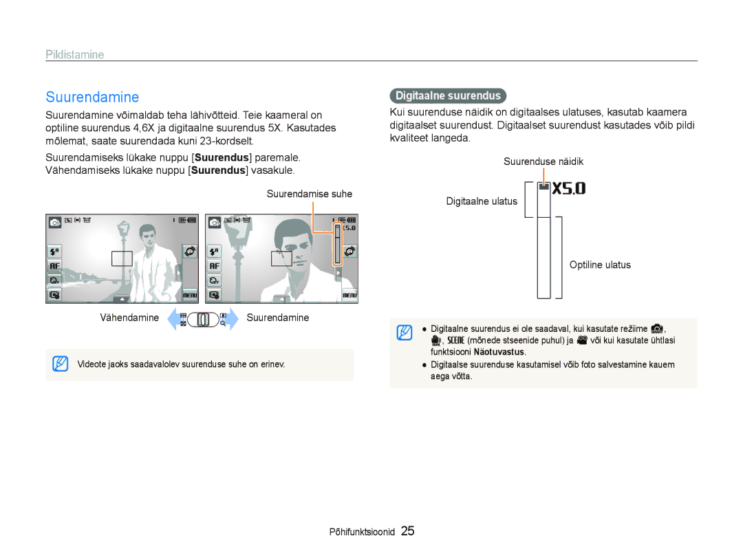 Samsung EC-ST550ZBPORU, EC-ST550ZBPGRU Pildistamine, Suurendamise suhe Vähendamine Suurendamine, Digitaalne suurendus 