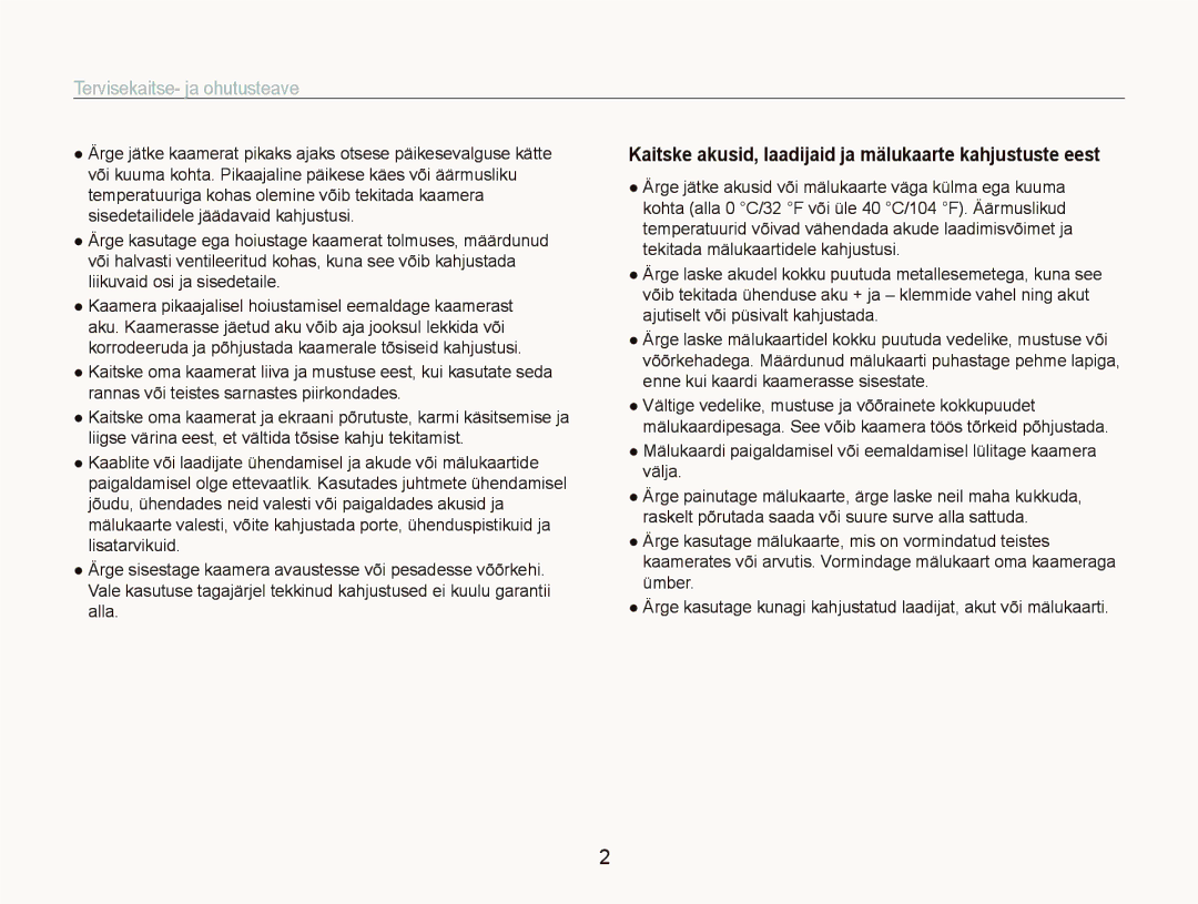 Samsung EC-ST550ZBPGRU manual Tervisekaitse- ja ohutusteave, Kaitske akusid, laadijaid ja mälukaarte kahjustuste eest 