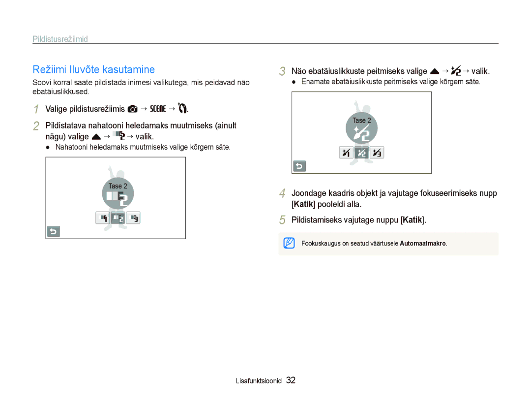 Samsung EC-ST550ZBPGRU, EC-ST550ZBPORU Režiimi Iluvõte kasutamine, Pildistusrežiimid, Valige pildistusrežiimis a “ s ““ 