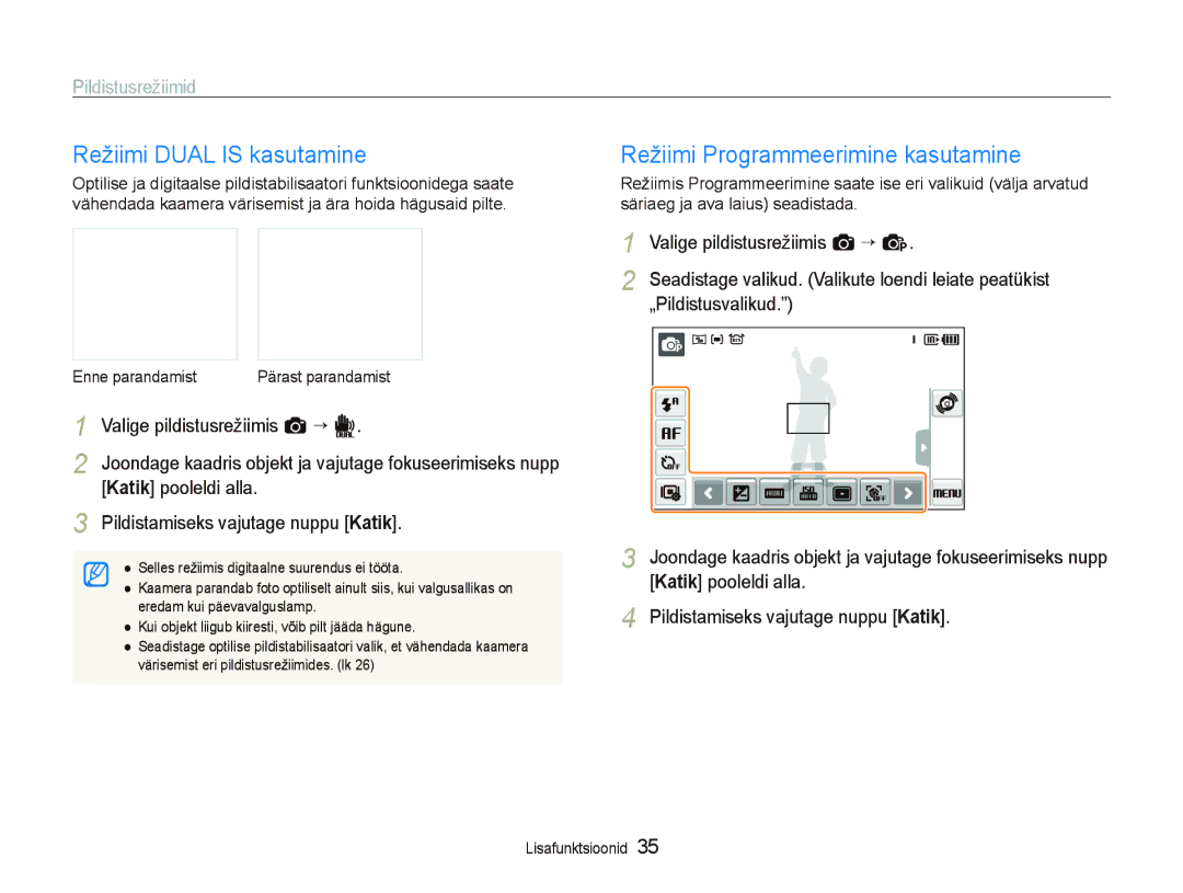 Samsung EC-ST550ZBPORU Režiimi Dual is kasutamine, Režiimi Programmeerimine kasutamine, Valige pildistusrežiimis a ““d 