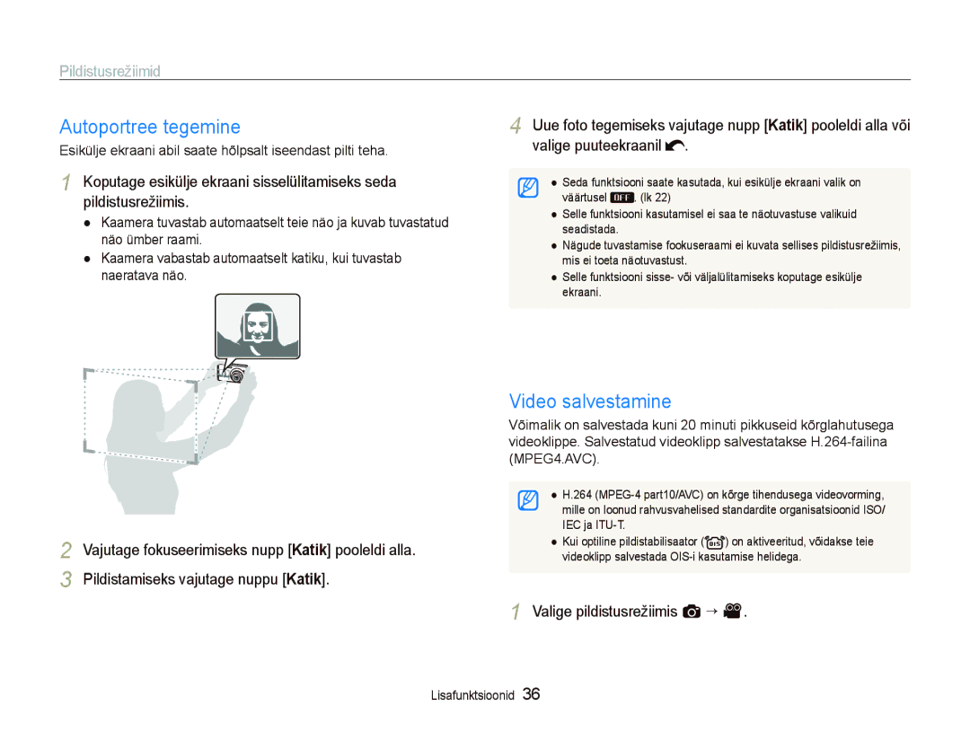 Samsung EC-ST550ZBPGRU, EC-ST550ZBPORU manual Autoportree tegemine, Video salvestamine, Valige pildistusrežiimis a “ 
