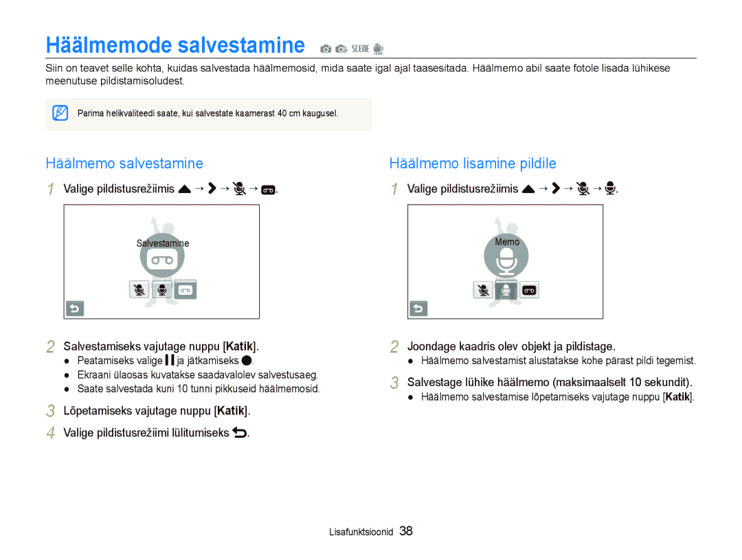 Samsung EC-ST550ZBPGRU, EC-ST550ZBPORU Häälmemode salvestamine a p s d, Häälmemo salvestamine, Häälmemo lisamine pildile 