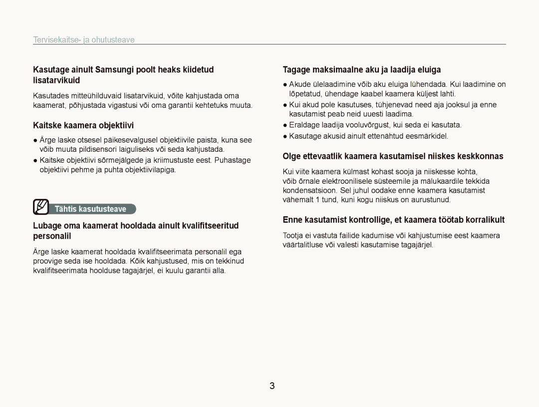 Samsung EC-ST550ZBPORU manual Kasutage ainult Samsungi poolt heaks kiidetud lisatarvikuid, Kaitske kaamera objektiivi 