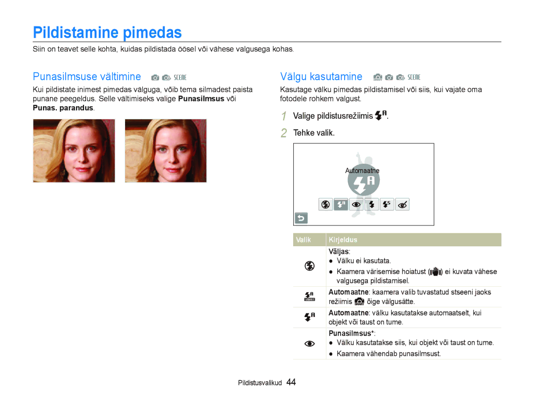 Samsung EC-ST550ZBPGRU manual Pildistamine pimedas, Punasilmsuse vältimine a p s, Välgu kasutamine S a p s, Väljas 