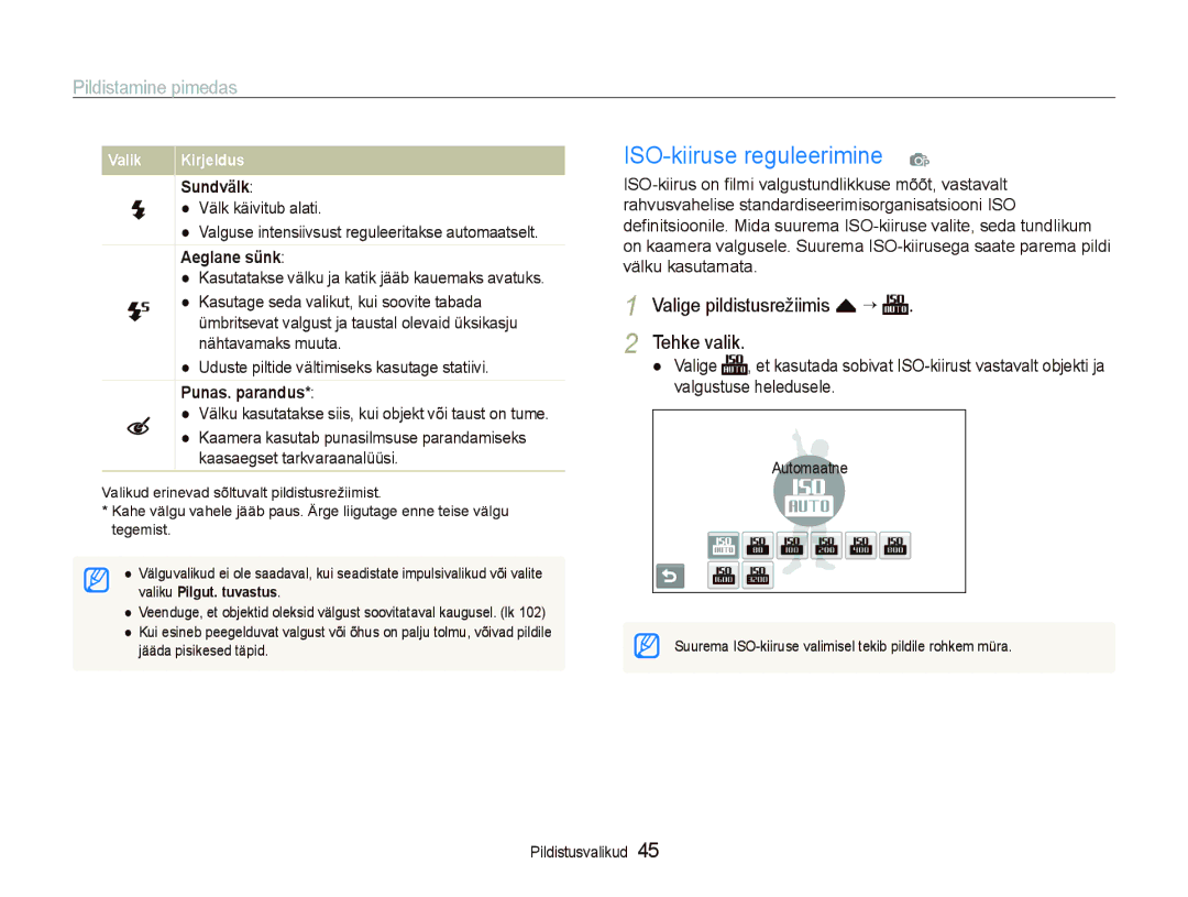 Samsung EC-ST550ZBPORU manual ISO-kiiruse reguleerimine p, Pildistamine pimedas, Valige pildistusrežiimis f “ Tehke valik 