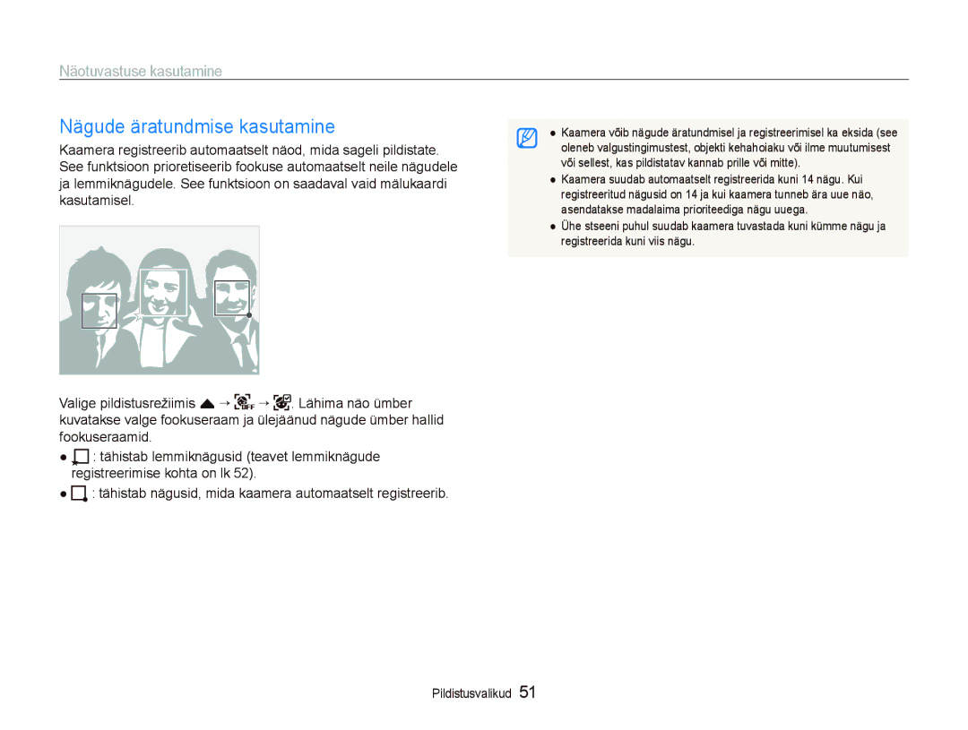 Samsung EC-ST550ZBPORU, EC-ST550ZBPGRU manual Nägude äratundmise kasutamine 