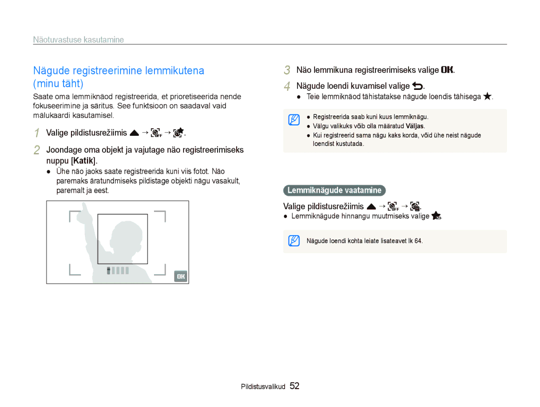 Samsung EC-ST550ZBPGRU manual Nägude registreerimine lemmikutena minu täht, Nuppu Katik, Valige pildistusrežiimis f “ “ 