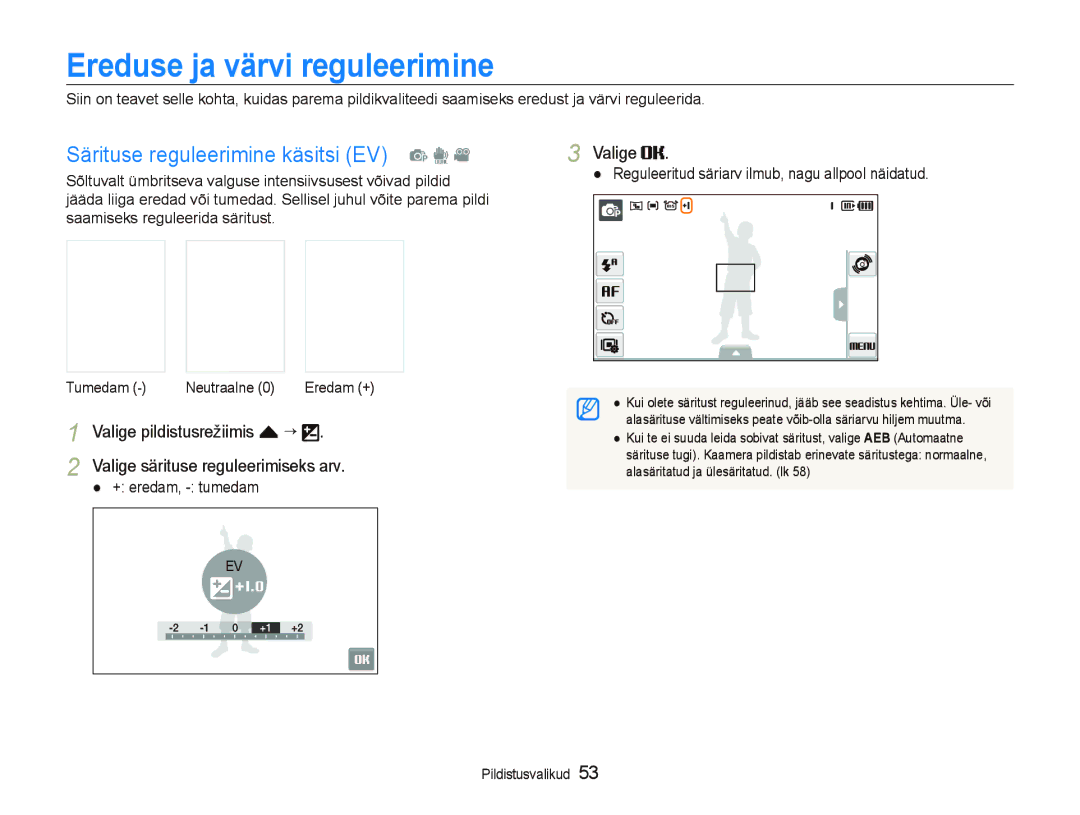 Samsung EC-ST550ZBPORU, EC-ST550ZBPGRU manual Ereduse ja värvi reguleerimine, Särituse reguleerimine käsitsi EV p d, Valige 