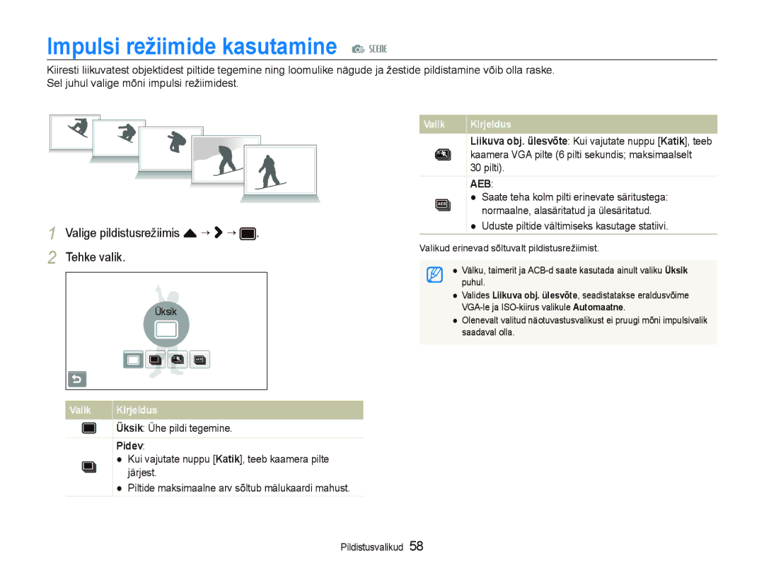 Samsung EC-ST550ZBPGRU, EC-ST550ZBPORU manual Impulsi režiimide kasutamine p s, Pidev 