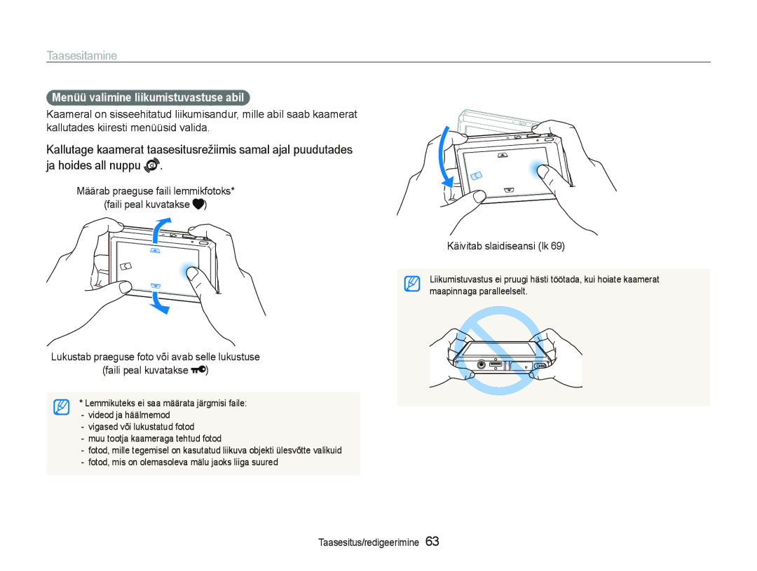 Samsung EC-ST550ZBPORU, EC-ST550ZBPGRU manual Taasesitamine, Menüü valimine liikumistuvastuse abil, Käivitab slaidiseansi lk 