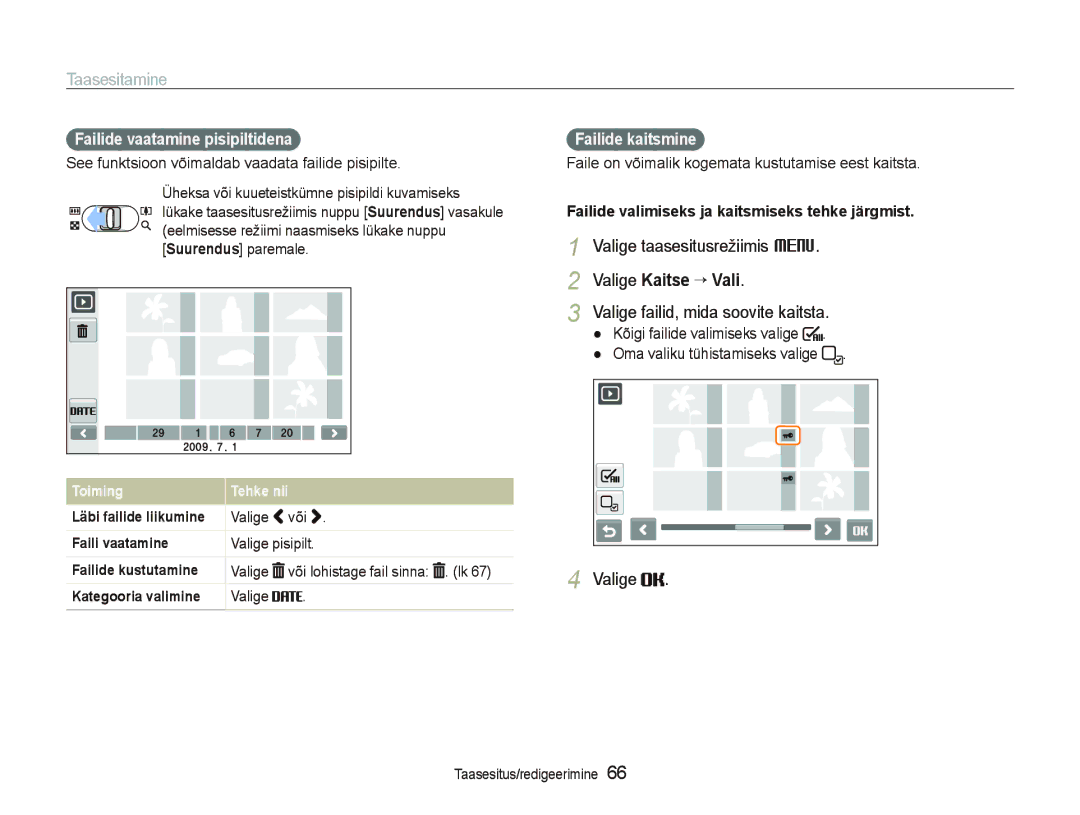 Samsung EC-ST550ZBPGRU manual Valige taasesitusrežiimis M, Valige Kaitse ““Vali, Valige failid, mida soovite kaitsta 