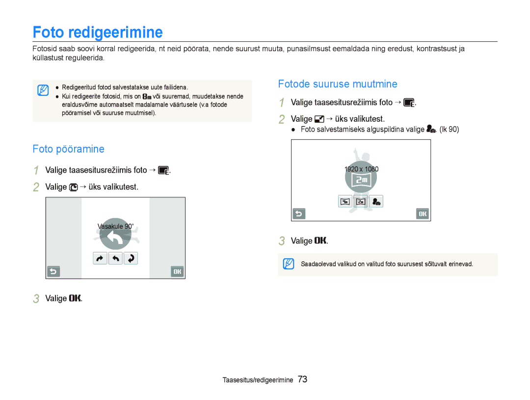 Samsung EC-ST550ZBPORU, EC-ST550ZBPGRU manual Foto redigeerimine, Fotode suuruse muutmine, Foto pööramine 
