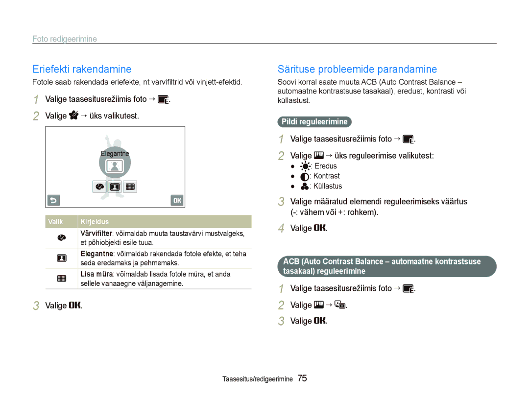 Samsung EC-ST550ZBPORU, EC-ST550ZBPGRU manual Eriefekti rakendamine, Särituse probleemide parandamine, Valige 