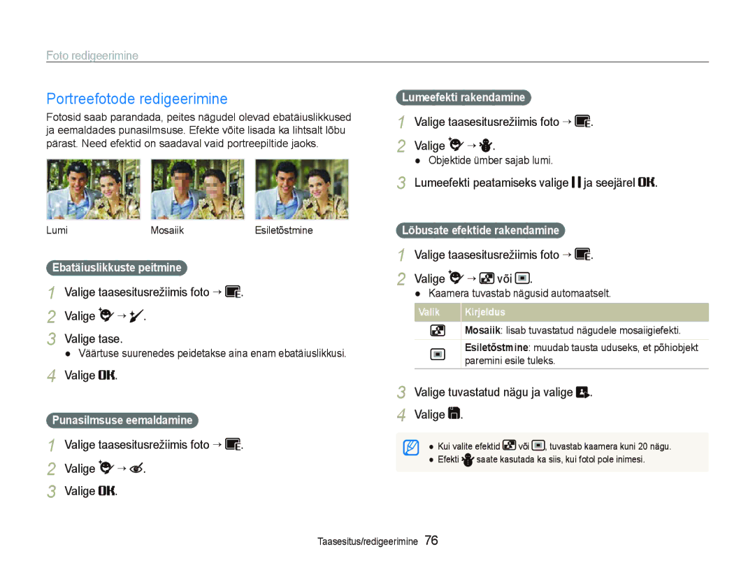 Samsung EC-ST550ZBPGRU, EC-ST550ZBPORU Portreefotode redigeerimine, Valige Valige tase, Valige tuvastatud nägu ja valige 
