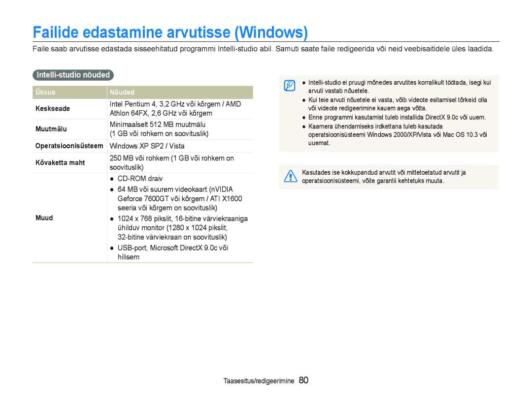 Samsung EC-ST550ZBPGRU, EC-ST550ZBPORU manual Failide edastamine arvutisse Windows, Intelli-studio nõuded 