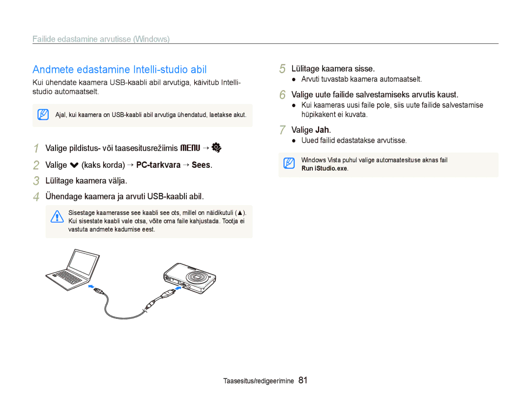 Samsung EC-ST550ZBPORU, EC-ST550ZBPGRU manual Andmete edastamine Intelli-studio abil, Failide edastamine arvutisse Windows 