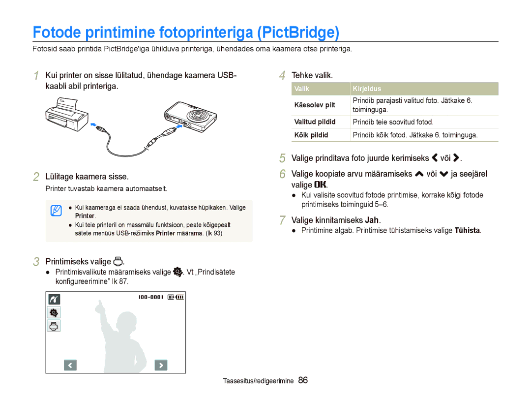 Samsung EC-ST550ZBPGRU manual Fotode printimine fotoprinteriga PictBridge, Printimiseks valige, Valige kinnitamiseks Jah 