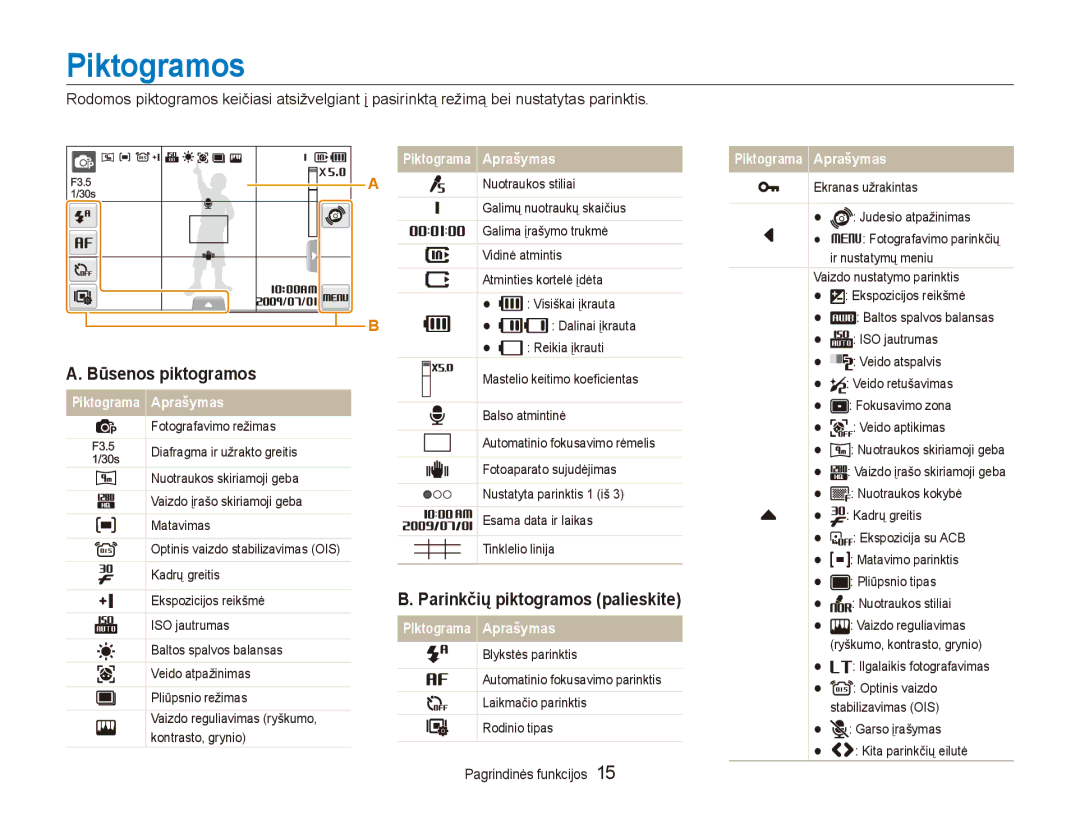 Samsung EC-ST550ZBPORU, EC-ST550ZBPGRU manual Piktogramos, Būsenos piktogramos, Parinkčių piktogramos palieskite 