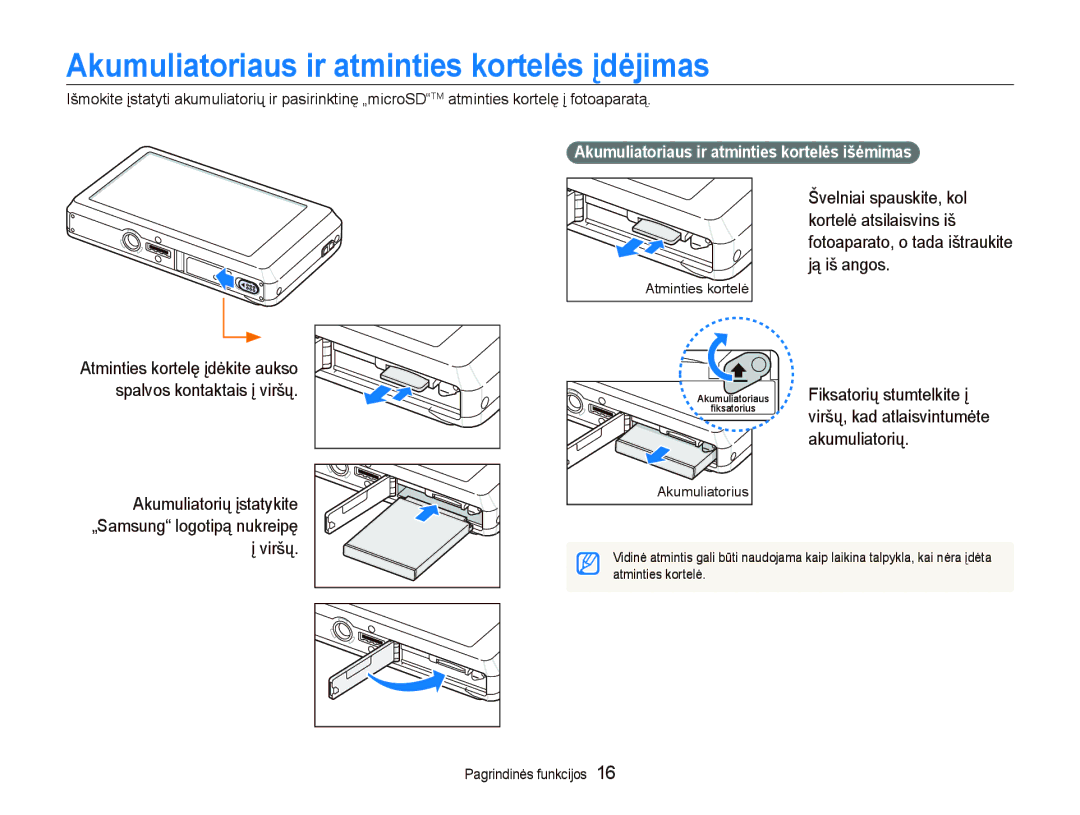 Samsung EC-ST550ZBPGRU Akumuliatoriaus ir atminties kortelơs Ƴdơjimas, Akumuliatoriaus ir atminties kortelơs išơmimas 