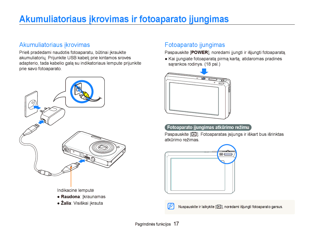 Samsung EC-ST550ZBPORU, EC-ST550ZBPGRU manual Akumuliatoriaus įkrovimas ir fotoaparato įjungimas, Fotoaparato įjungimas 