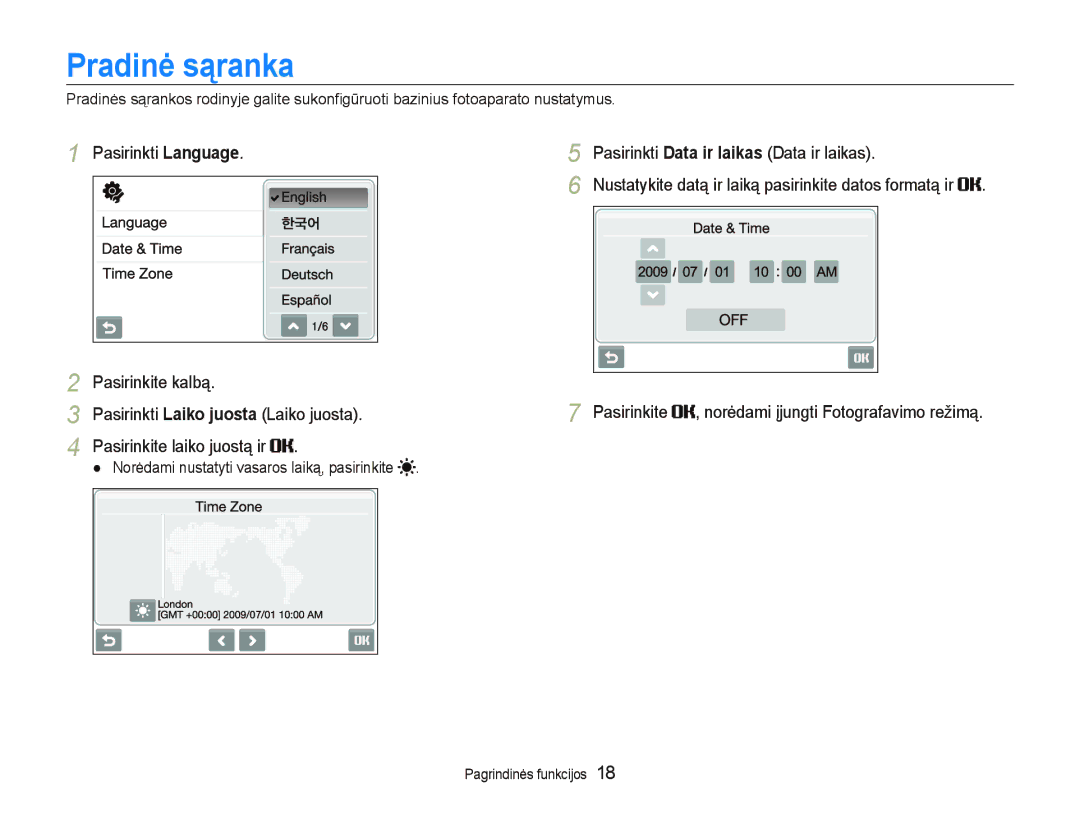 Samsung EC-ST550ZBPGRU, EC-ST550ZBPORU manual Pradinơ sąranka, Pasirinkti Language, Pasirinkti Data ir laikas Data ir laikas 