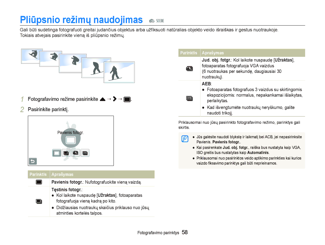 Samsung EC-ST550ZBPGRU Pliǌpsnio režimǐ naudojimas p s, Pavienis fotogr. Nufotografuokite vieną vaizdą, TĊstinis fotogr 