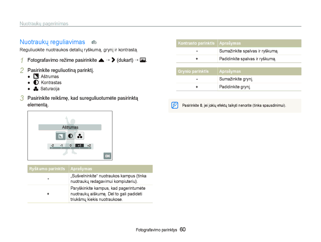 Samsung EC-ST550ZBPGRU manual Nuotraukų reguliavimas p, Nuotraukų pagerinimas, Sumažinkite grynį, Padidinkite grynį 