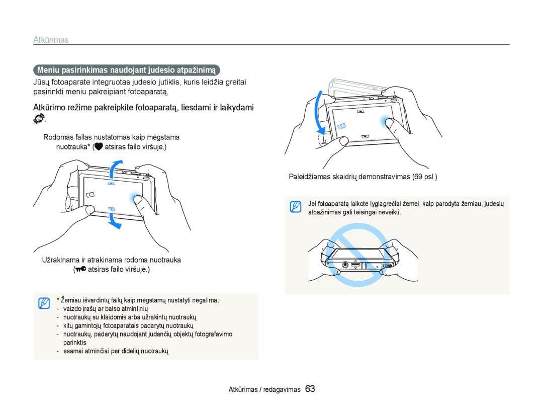 Samsung EC-ST550ZBPORU, EC-ST550ZBPGRU manual Atkūrimas, Meniu pasirinkimas naudojant judesio atpažinimą 