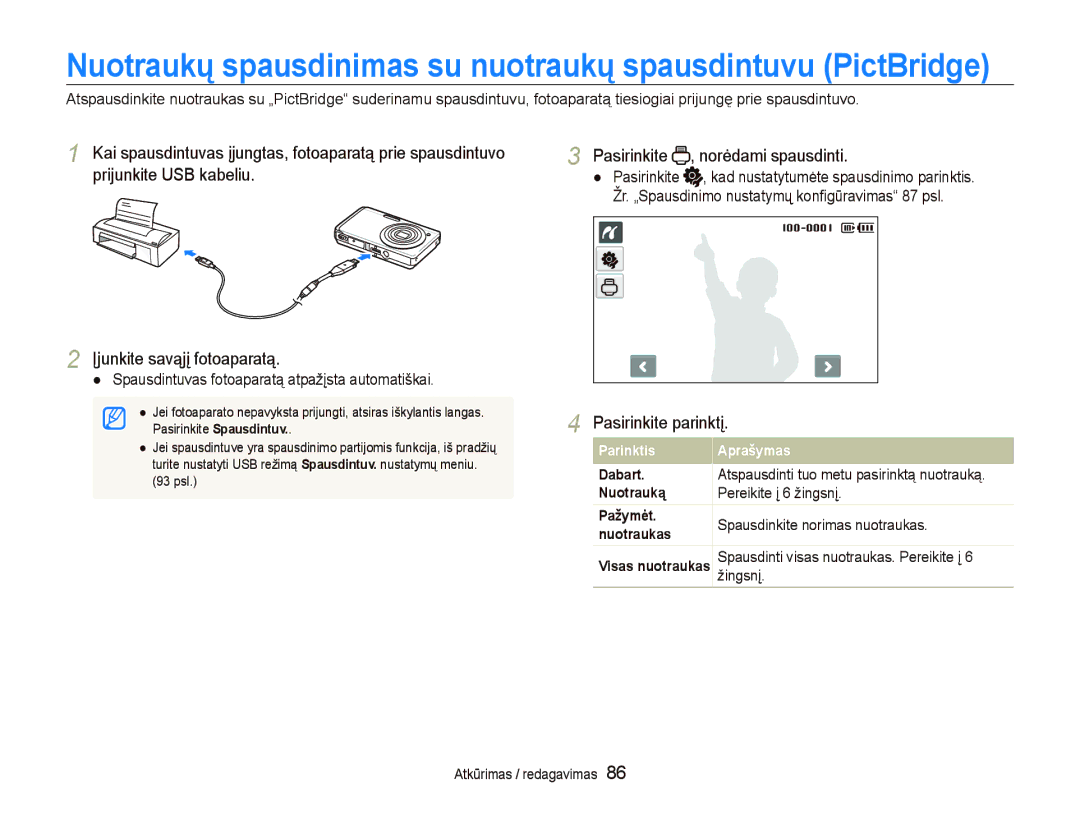 Samsung EC-ST550ZBPGRU manual Pasirinkite , norėdami spausdinti, Spausdintuvas fotoaparatą atpažįsta automatiškai, Žingsnį 