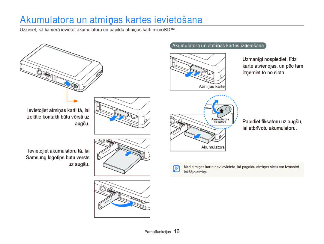 Samsung EC-ST550ZBPGRU, EC-ST550ZBPORU Akumulatora un atmiƼas kartes ievietošana, Akumulatora un atmiƼas kartes izƼemšana 