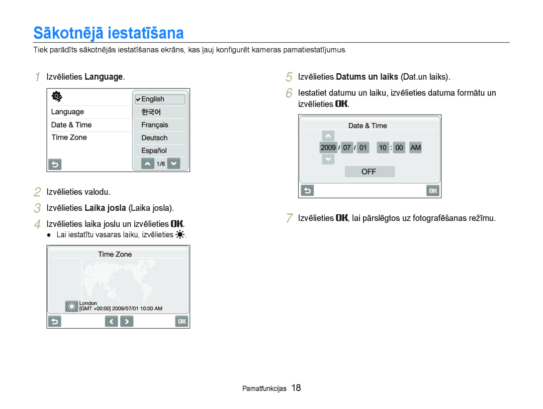 Samsung EC-ST550ZBPGRU, EC-ST550ZBPORU manual SƗkotnƝjƗ iestatƯšana, Izvēlieties Language Izvēlieties valodu 