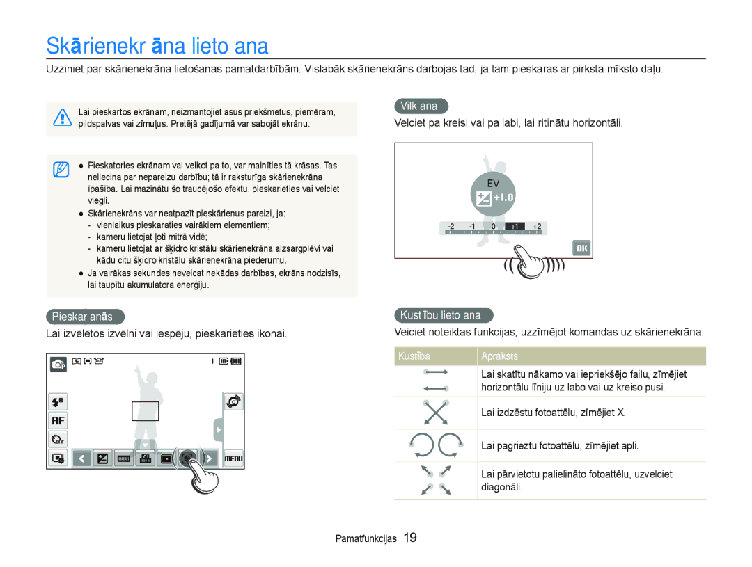 Samsung EC-ST550ZBPORU, EC-ST550ZBPGRU manual SkƗrienekrƗna lietošana, Vilkšana, PieskaršanƗs, KustƯbu lietošana 