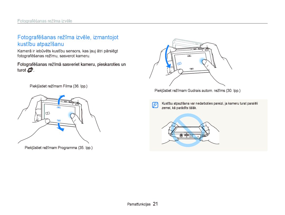 Samsung EC-ST550ZBPORU, EC-ST550ZBPGRU manual Fotografēšanas režīma izvēle, izmantojot kustību atpazīšanu 